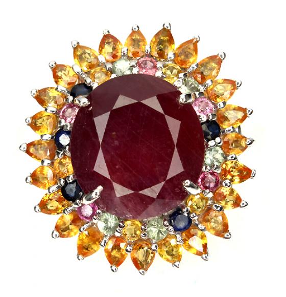 СЕРЕБРЯНОЕ КОЛЬЦО С КРУПНЫМ РУБИНОМ И САПФИРАМИ 18р
